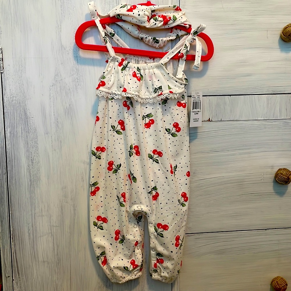 Jessica Simpson Ivory/Red Cherry One Piece Romper NWT 6-9mo W/ Matching Headband